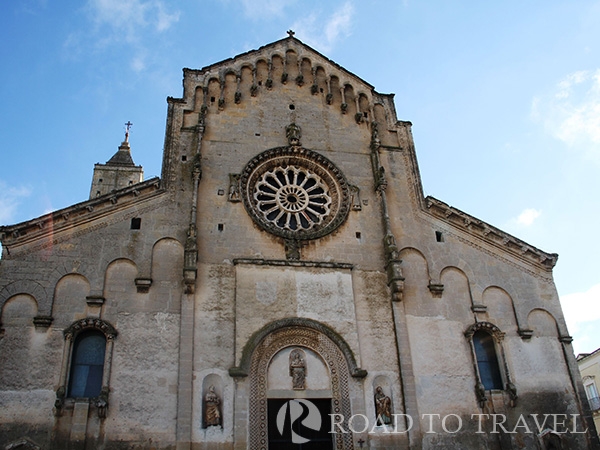 Matera Cathedral Cattedrale di Matera. Built in the Apulian Romanesque style dating from the 13th century. It is situated on the ridge that forms the highest point of the city and divides the two Sassi.