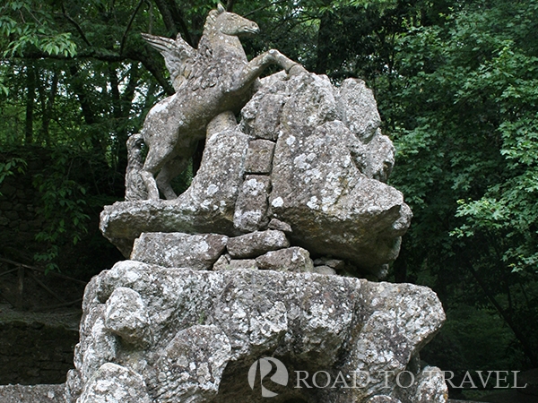 Pegasus - Italy Family Tours in Bomarzo The Pegasus is one of the main sculpure inside the Park of the Monsters in Bomarzo